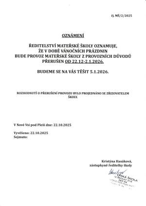 OZNÁMENÍ O PŘERUŠENÍ PROVOZU MŠ V DOBĚ PRÁZDNIN